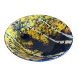 Handmade Art Pottery Bowl with Blue and Yellow Tree Motif, Signed, 12 Inch