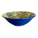 Handmade Art Pottery Bowl with Blue and Yellow Tree Motif, Signed, 12 Inch
