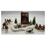 Department 56 Snow Village Warming House with Skaters and Skiers Handpainted Ceramic Set