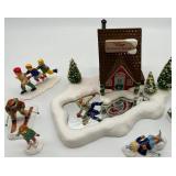 Department 56 Snow Village Warming House with Skaters and Skiers Handpainted Ceramic Set