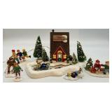 Department 56 Snow Village Warming House with Skaters and Skiers Handpainted Ceramic Set