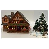 Department 56 Snow Village Hunting Lodge and Wagonwheel Pine Grove Ceramic Houses