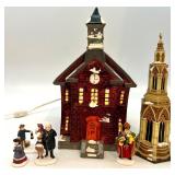 Department 56 Christmas Village Lighted Church, Tower, and 5 Porcelain Figurines
