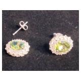 Rhodium Over Sterling Silver 8mm x 6mm Genuine Peridot and White Topaz Oval Stud Earrings