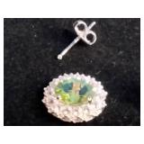 Rhodium Over Sterling Silver 8mm x 6mm Genuine Peridot and White Topaz Oval Stud Earrings