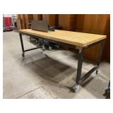 Two Butcher Block Workbenches w No Shelves (584078 and 584079), Both Are On Working Casters