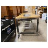 Two Butcher Block Workbenches w No Shelves (584078 and 584079), Both Are On Working Casters