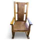 Antique Mission Style Wooden Rocking Chair with Leather Seat