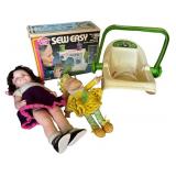 Vintage Sew Easy Toy Sewing Machine, Cabbage Patch Kids Carrier, and Dolls Set