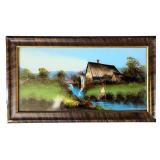 Framed Landscape Painting Featuring Watermill and Cottage