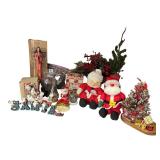 Assorted Christmas Decor Lot including Santa Figures and Mini Trees