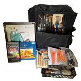 Large Mixed Art Supplies Collection with Brushes, Paints, and Drawing Materials