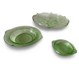Set of 3 Green Depression Glass Serving Dishes