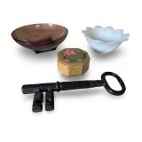 Vintage Collection with Iron Skeleton Key, Trinket Box, and Glass Bowls