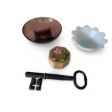 Vintage Collection with Iron Skeleton Key, Trinket Box, and Glass Bowls