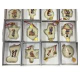 Set of 12 Hummel Christmas Porcelain Ornaments with Gold Trim