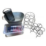 Entertaining Set with Metal Ice Bucket, 2 Wine Racks, Plastic Tumblers, and Black Leather Case