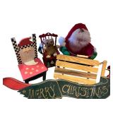 Collection of Christmas Decor Items Including Santa Figure, Chairs, Sleighs, and Holiday Sign