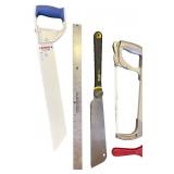 Collection of Hand Saws, Ruler, and Scraper Tool