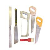 Collection of Hand Saws, Ruler, and Scraper Tool