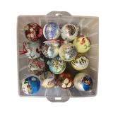 Collection of 14 Hand-Painted Glass Christmas Ornaments with Storage Box