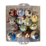 Collection of 14 Hand-Painted Glass Christmas Ornaments with Storage Box