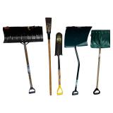 Garden Tools and Outdoor Accessories Lot with Shovels, Hand Tools, and Metal Wall Shelf