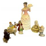 Collection of 6 Porcelain Figurines Including Musicians, Lady, and Angels