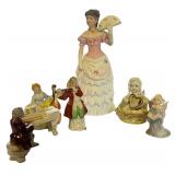 Collection of 6 Porcelain Figurines Including Musicians, Lady, and Angels