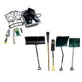 Garden Tools and Outdoor Accessories Lot with Shovels, Hand Tools, and Metal Wall Shelf