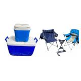 Set of 2 Folding Camp Chairs and Tripod Stool with Carry Bag and 2 Coolers