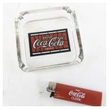 Coca-Cola Glass Ashtray with Stained Glass Style Logo and Coke Lighter