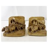 Pair of Vintage Pioneer Wagon Bookends Ceramic Oxen