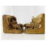 Pair of Vintage Pioneer Wagon Bookends Ceramic Oxen