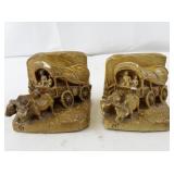 Pair of Vintage Pioneer Wagon Bookends Ceramic Oxen