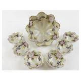 Antique Hand Painted Porcelain Berry Bowl Set with Floral Design - 7 Pieces