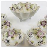 Antique Hand Painted Porcelain Berry Bowl Set with Floral Design - 7 Pieces