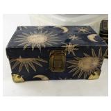 Decorative Box and Tin Collection with Sun, Moon, and Rustic Designs
