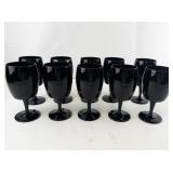 Set of 10 Amethyst (Black) Glass Wine Goblets 6.5 Inch Tall
