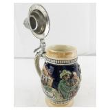 German Beer Stein with Pewter Lid and Relief Scenes