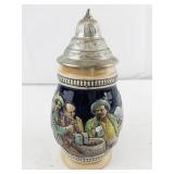 German Beer Stein with Pewter Lid and Relief Scenes