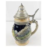 German Beer Stein with Pewter Lid and Relief Scenes