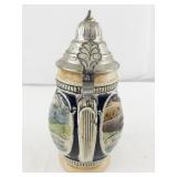 German Beer Stein with Pewter Lid and Relief Scenes