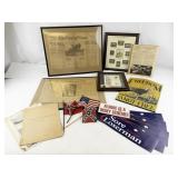 Collection of Military and Patriotic Memorabilia with WWII Stamps, Newspapers, and Signs