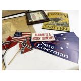 Collection of Military and Patriotic Memorabilia with WWII Stamps, Newspapers, and Signs