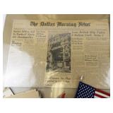 Collection of Military and Patriotic Memorabilia with WWII Stamps, Newspapers, and Signs