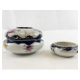 Antique Porcelain Hair Receiver and Trinket Dish Set with Floral Design