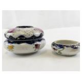 Antique Porcelain Hair Receiver and Trinket Dish Set with Floral Design