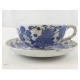 Vintage Bone China Teacup and Saucer with Blue Floral Design and Gold Rim