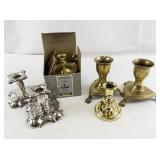 Collection of 6 Baldwin Brass and Silver-Plate Candlesticks with Original Box